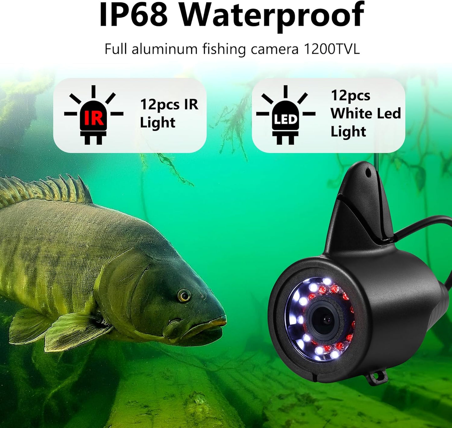 FishPRO 7'' Ice Fishing Camera,w/12pcs IR +12pcs LED, 1200TVL,4,500mAh Li-Battery