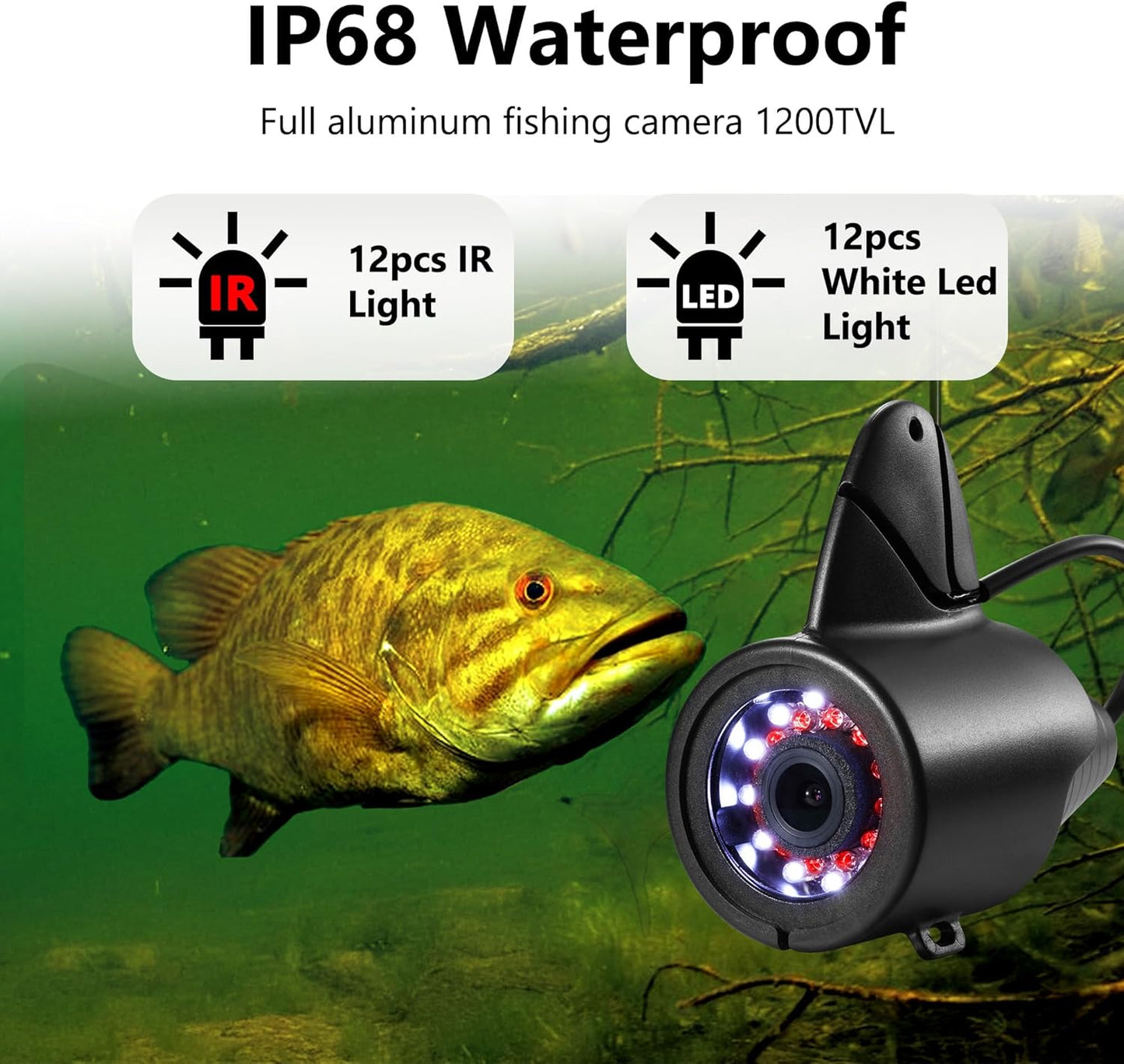 FishPRO DVR - 7'' Underwater Fishing Camera w/Bracket, 12pcs IR + 12pcs LED light