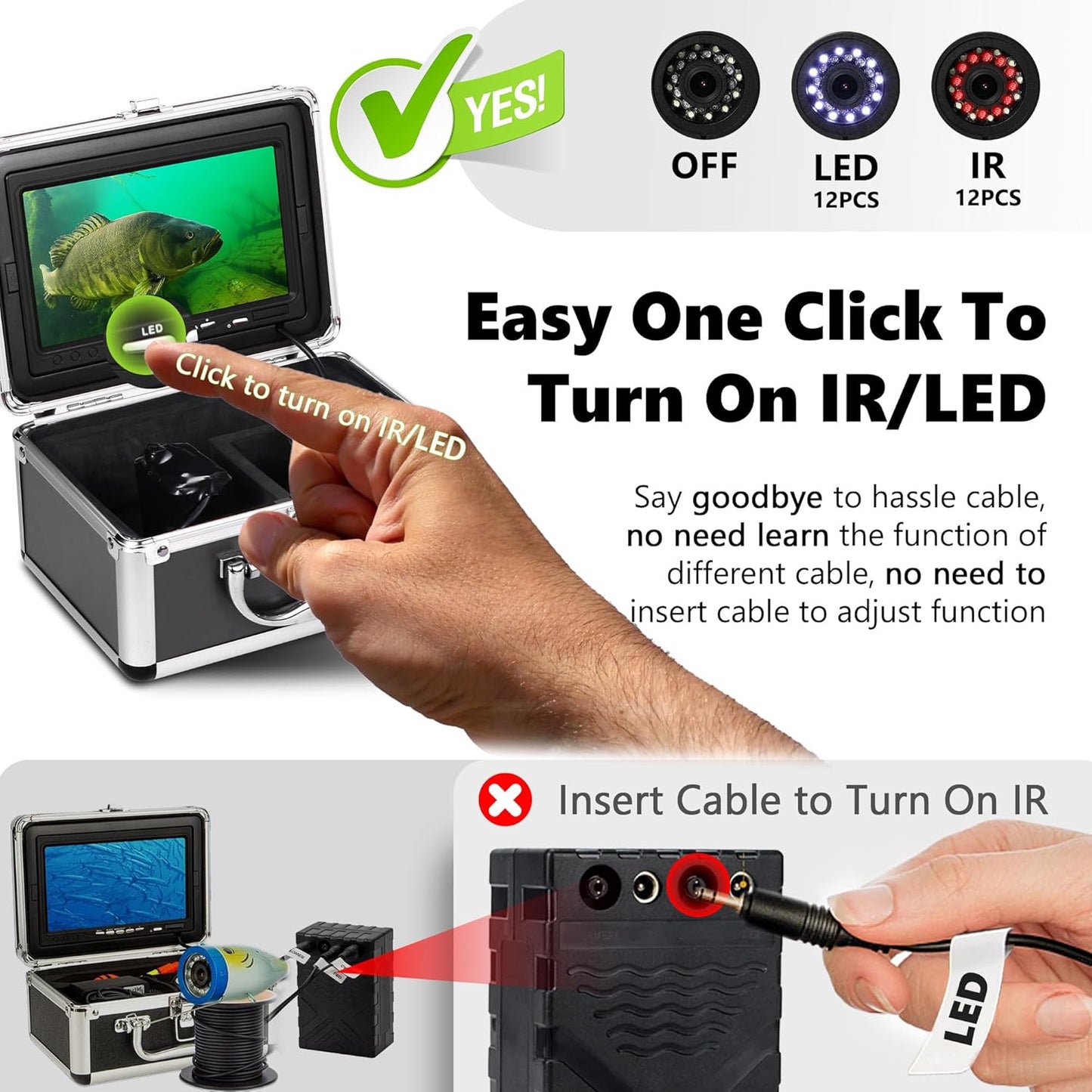FishPRO 7'' Ice Fishing Camera,w/12pcs IR +12pcs LED, 1200TVL,4,500mAh Li-Battery